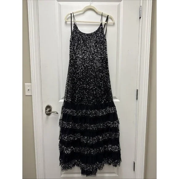 MAC DUGGAL Size 6 Black 10883 Embellished Scoop Neck Tiered Formal Gown Dress